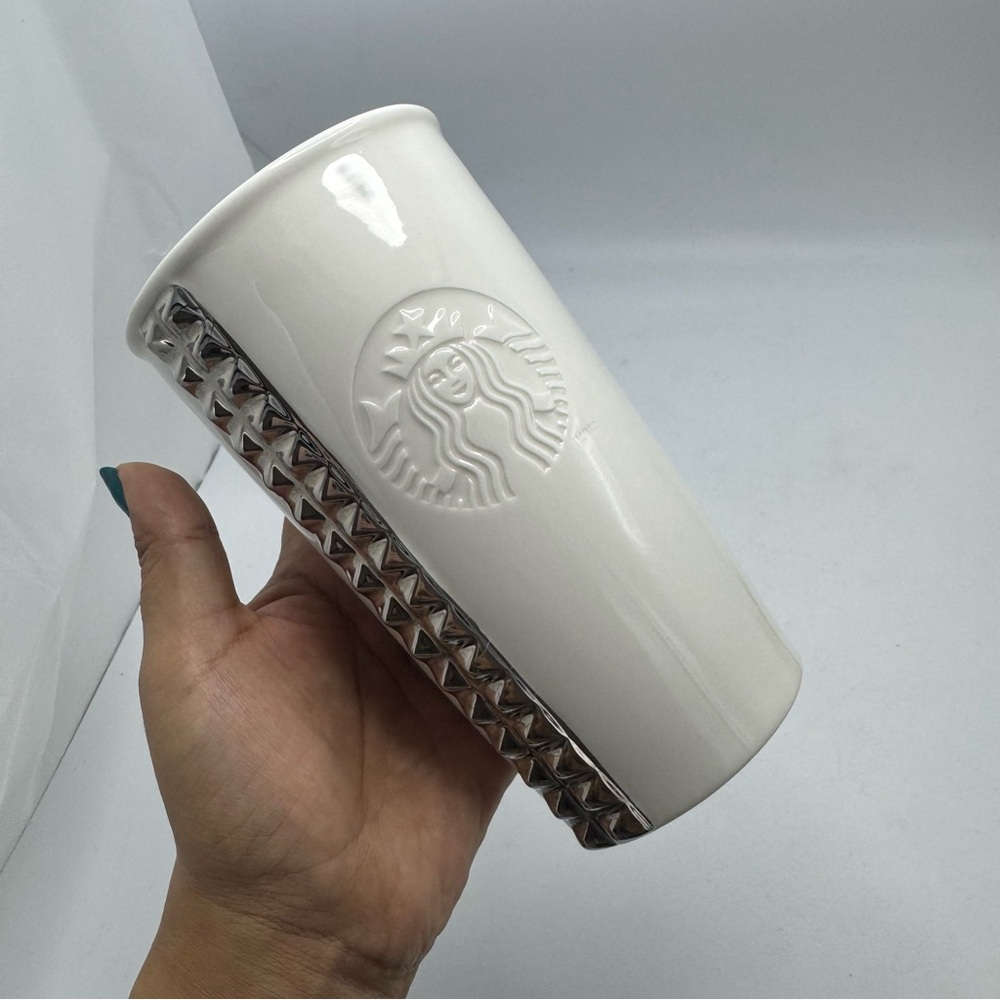 Starbucks Ceramic White Tumbler With Silver Studs 2014